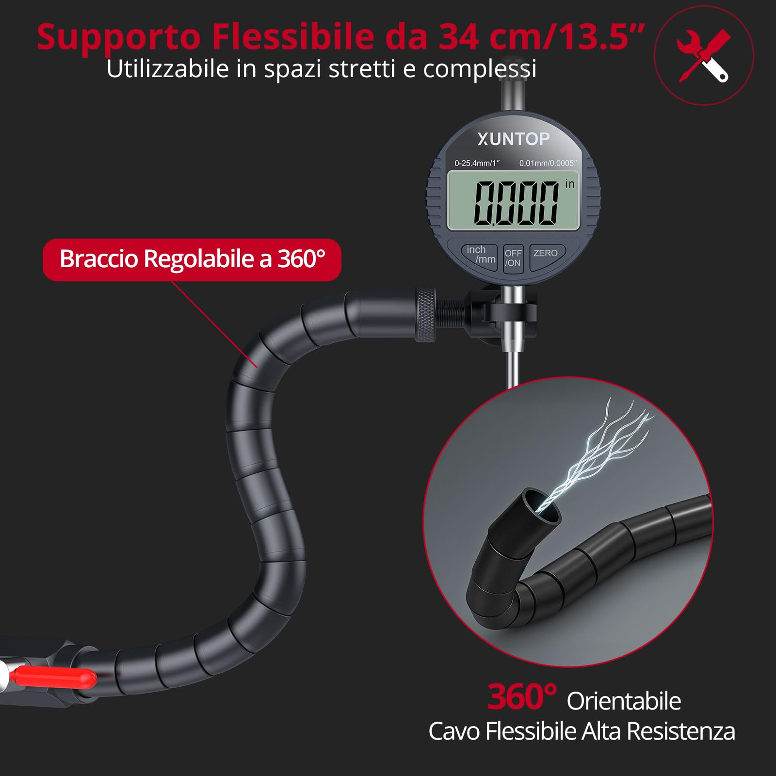 XUNTOP Comparatore Magnetico Digitale, Base Magnetica con Braccio Snake Flessibile da 340mm, Comparatore Professionale 0.01mm/0.0005" Portatile con Display LCD per Officina, Tornio, Fresatrice