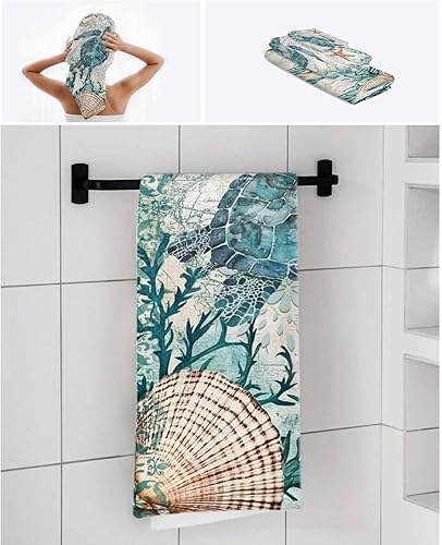 Miniatura 7 de Juego de 3 toallas de baño de tortugas marinas, decoración de baño de tortuga marina de lujo, toallas de ducha suaves con mapa retro con estrellas