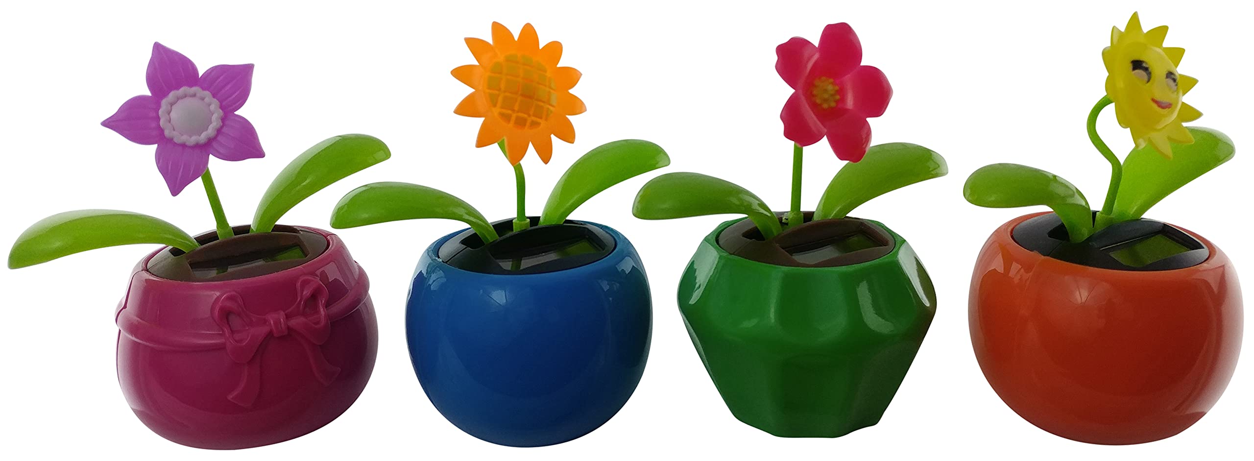 Solar Powered Dancing Flowers (Set of 4) | Orange and Smiley Sunflowers, Red and Hot Pink/Purple Flower in Colorful Pots | Solar Powered Office Desk, Kitchen and Patio Decor