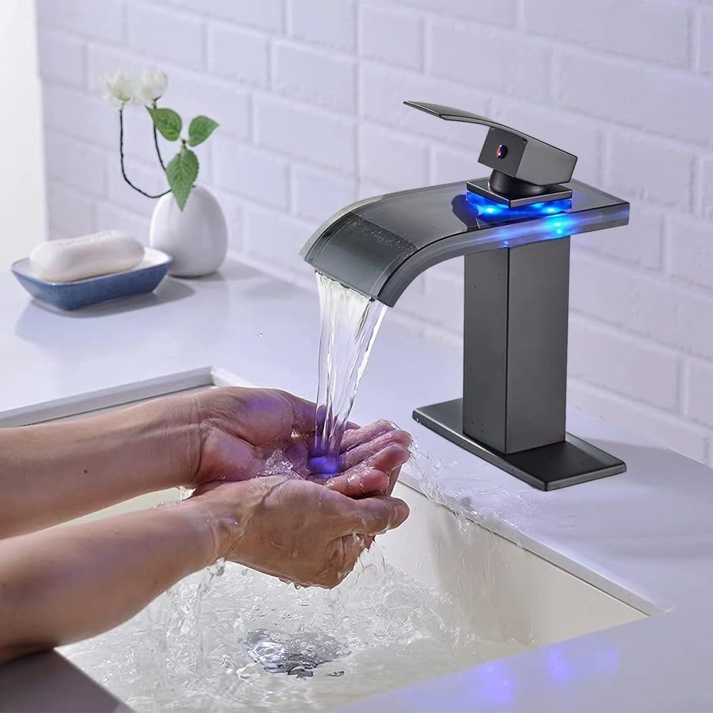 Kran wodospadowy LED – nowoczesny kran łazienkowy i kuchenny ze światłem odpornym na temperaturę, przyjazny dla środowiska design, łatwe wkładanie, bateria zlewozmywakowa Slish do modernizacji domu