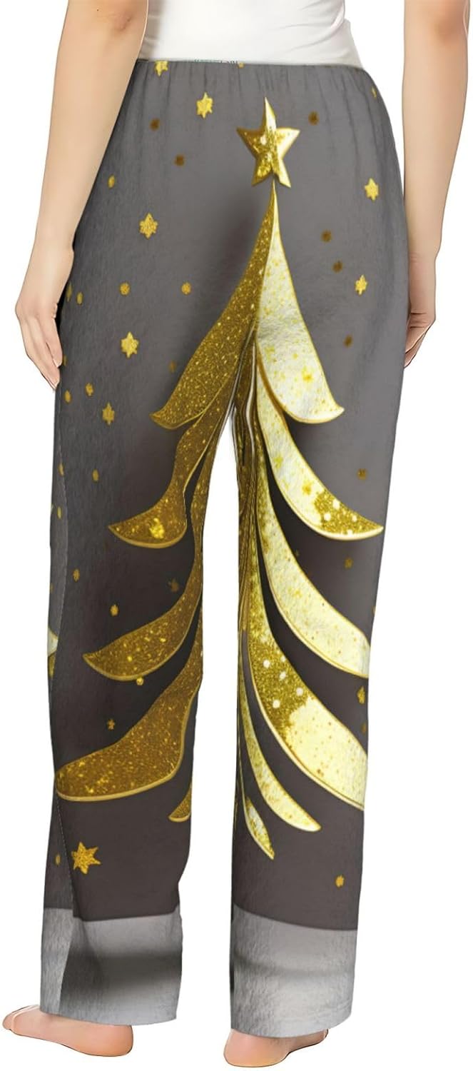 Golden Glitter Christmas Tree Print Women'S Flannel Pajama Pants,Soft Warm Pajama Bottoms,Perfect For Holiday Lounging
