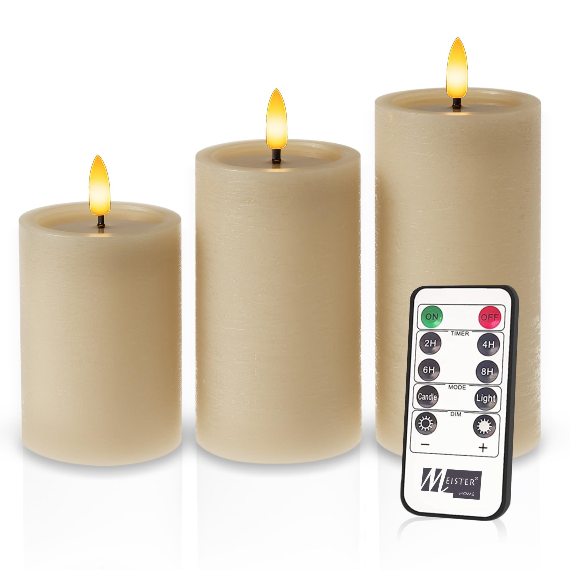 Meisterhome® LED-Kerzen 3er-Set Beige – Flammenlos - mit flackernder Flamme – Rustik Design – Stumpenkerzen mit Fernbedienung & Timer – Batteriebetrieben – Warmweiß – 10/12,5/15 cm Hoch