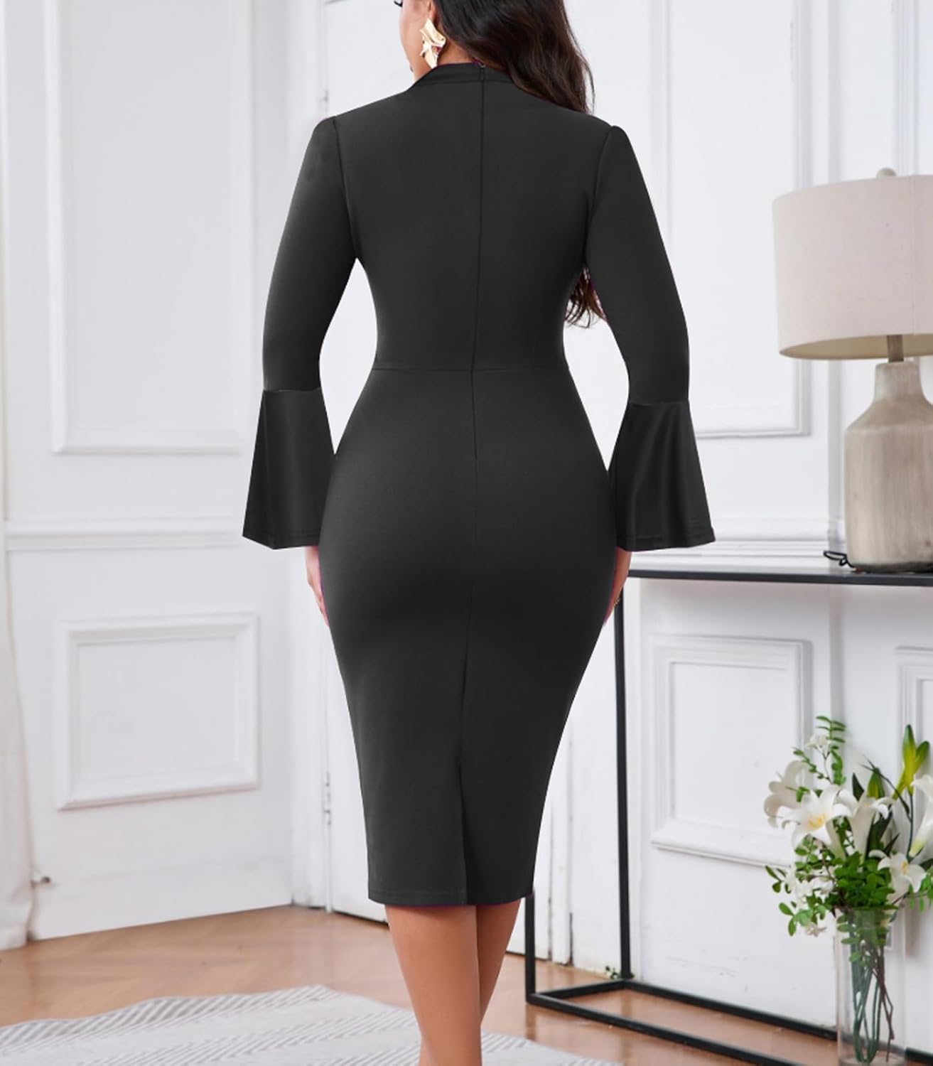 Church Dresses for Women Flare Sleeve V Neck Business Wear to Work Vintage Mid Pencil Formal Dress with Pocket - Image 3