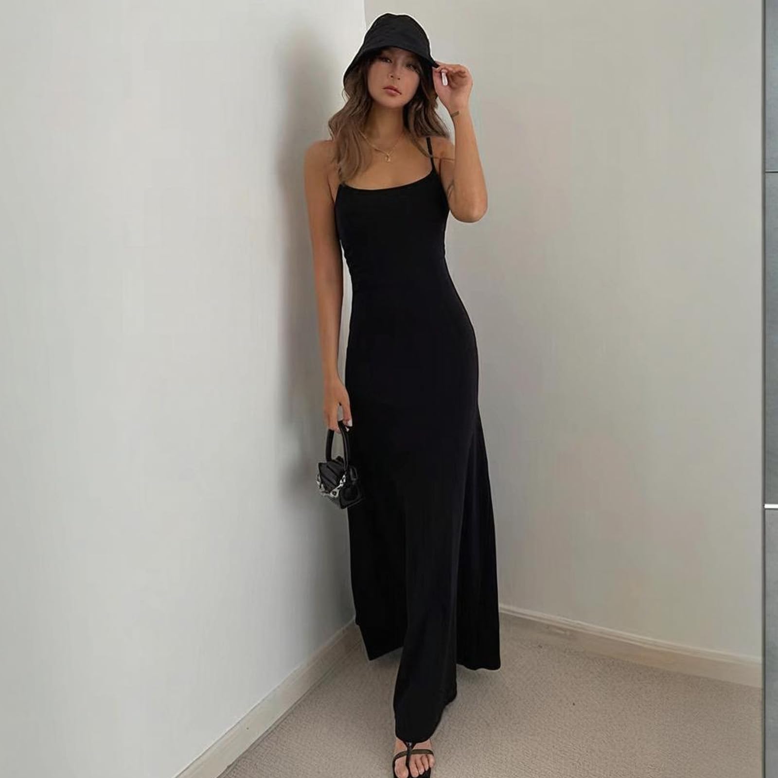 Vestito Lungo Donna Spaghetti Strap Senza Maniche Aderente Casual Abito Lunghi Sexy Senza Schienale Bodycon Maxi Abiti Estivo Elasticizzato Vestiti da Festa per Cocktail Cerimonia Discoteca