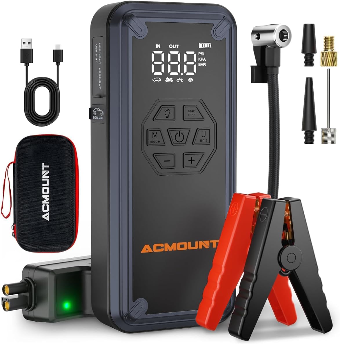 ACMOUNT Avviatore Batteria Auto 7000A, Booster Avviatore Auto con Compressore 150PSI (Per Benzina 9L/Diesel 8L) Starter Batteria Portatile 12V Jump Start con Ricarica Rapida 18W, LED & LCD