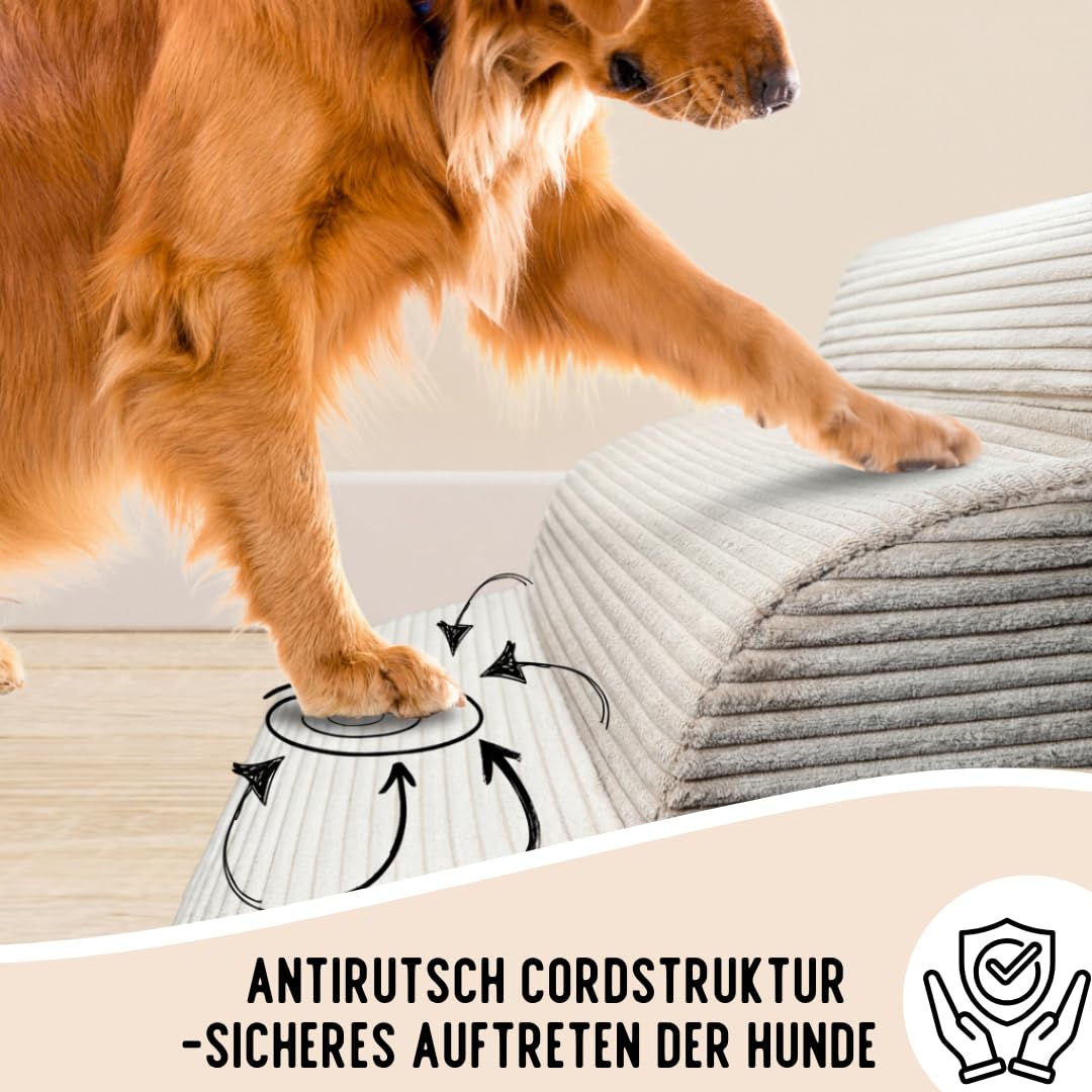 Hundetreppe Cord beige Hunderampe aus Schaumstoff - Katzentreppe - Tiertreppe - Haustiertreppe - Hundetreppe Bett - 3 Stufen Hunderampe
