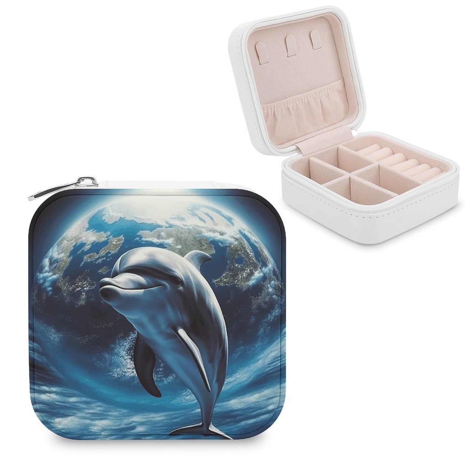 JTREHY Travel Dolphin Earth Jewelry Case Portable Display Storage Box PU Leather Mini Jewelry Travel Case Personalized Travel Jewelry Organizer Small Jewelry Box for Women