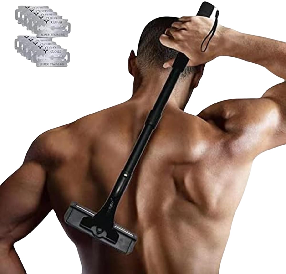 Afeitadora de Espalda para Hombre - Depiladora de Espalda Ergonómica con Mango Ajustable de 54 Cm - Para Pecho, Espalda, Piernas y Estómago - Afeitadora Corporal Indolora con 10 Cuchillas de Repuesto
