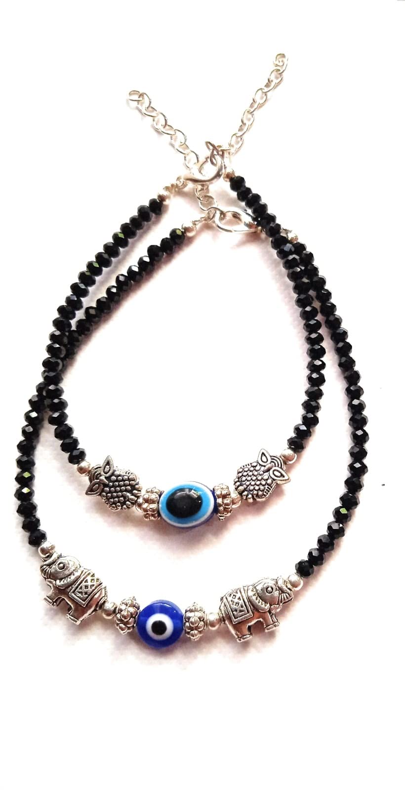 Combo Metal Silver Elephant & Owl Blue Evil eye Glossy Black beads Chain Anklet |For Women |Girls |Nazariya |Nazarbattu| pack of 2 | Payal| lucky Charms-image-25