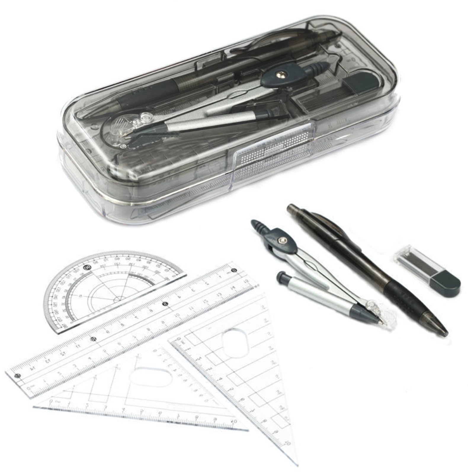 Juego de compás escolar, 7 piezas, herramienta de geometría, brújula escolar, escuadra, regla, transportador de matemáticas, compás con estuche, material educativo para niños