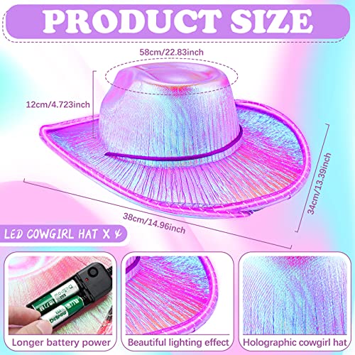 Hercicy 4 Set Light Up Holographic Space Cowgirl Hat Led Cowboy Hat Heart Shape Glasses Transparent Rimless Sunglasses Paisley Cotton Bandanas For Women Men Christmas Party Favors Cosplay Costume Accessories thumb #3