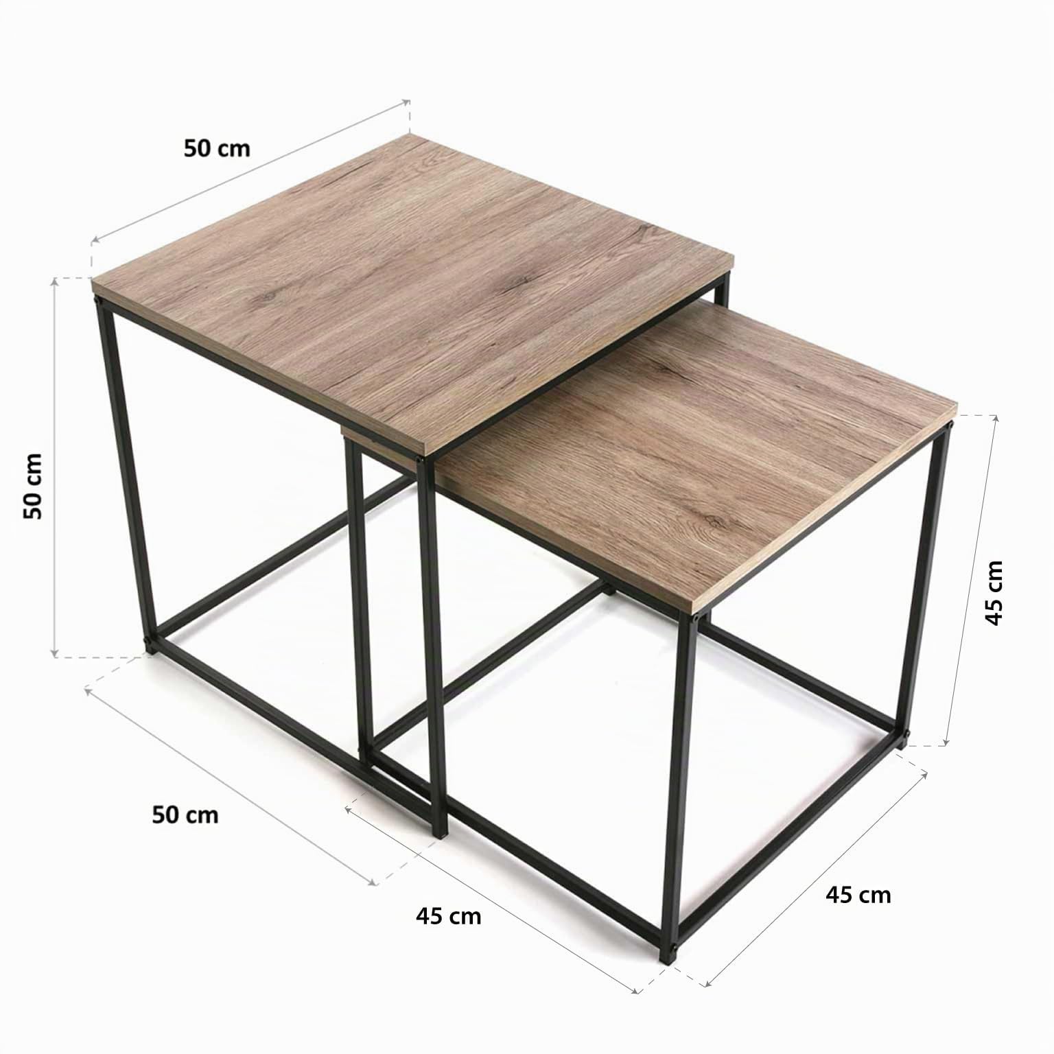 Versa Cambridge Mesa Nido Auxiliar para el Salón, la Habitación o la Cocina. Moderna Mesilla Baja, Set de 2, Medidas (Al x L x An) 50 x 50 x 50 cm, Madera y Metal, Color Marrón