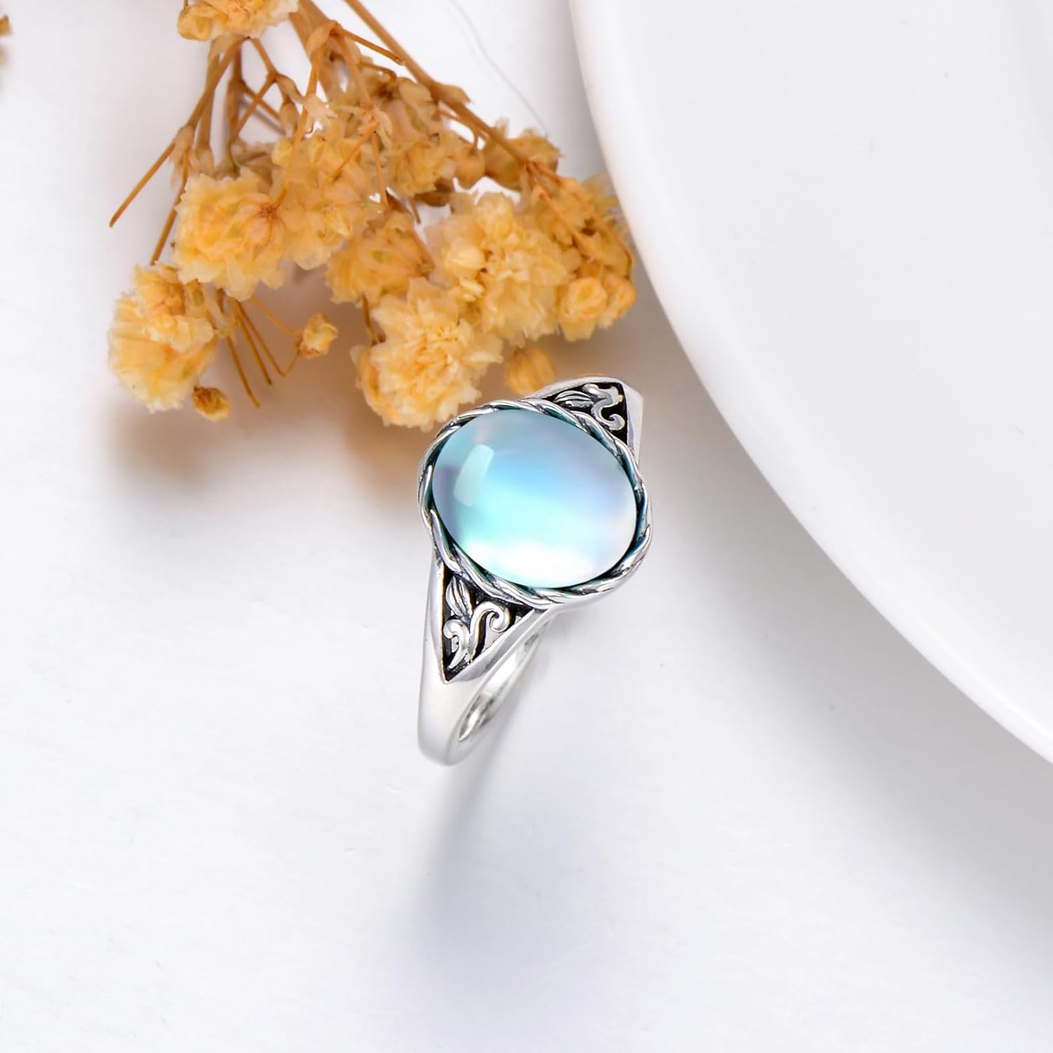 Turquoise Vintage Ring for Women, S925 Sterling Silver Oval Cut Natural Turquoise/Moonstone//Black Onyx Boho Turquoise Jewelry for Birthday Mother's Day Christmas - Image 5