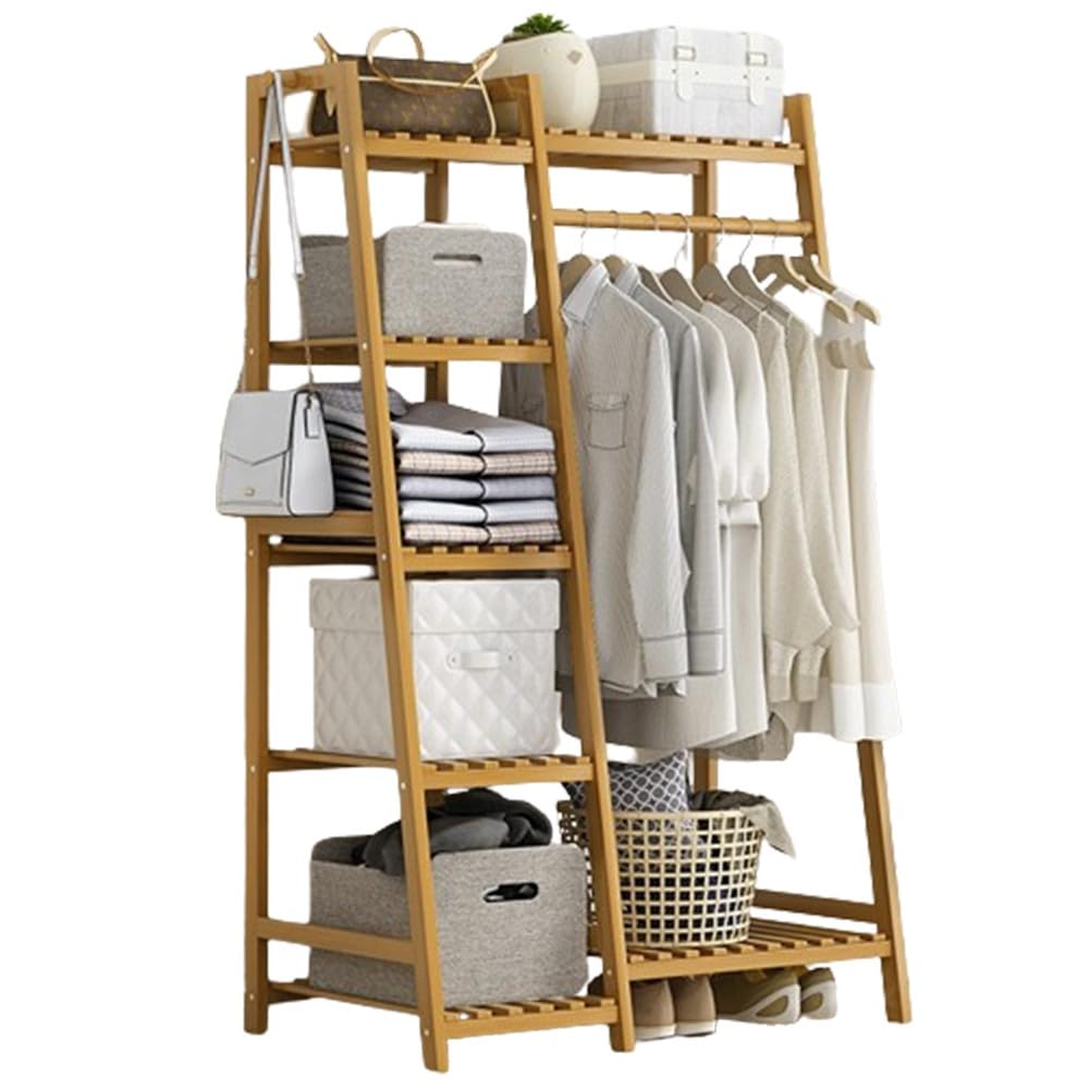 Portant à vêtements en bois multifonctionnel avec 4 étagères