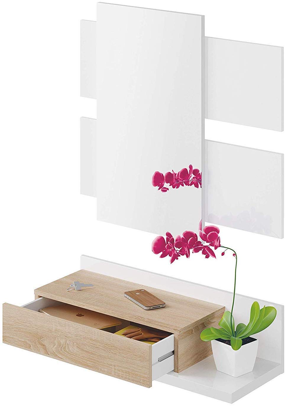 Bricozone Valdemossa Meuble d'entrée étagère Suspendue avec tiroir et Miroir ameublement Meuble Salle 75 x 29 x 20 cm Blanc et chêne