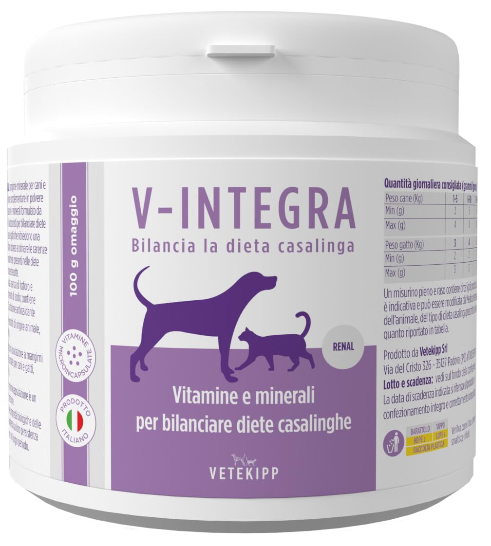 V-INTEGRA Renal - Suplemento completo rico en vitaminas y minerales, para la dieta casera de perros y gatos que requieren una restricción de fósforo - 500 g - Made in Italy