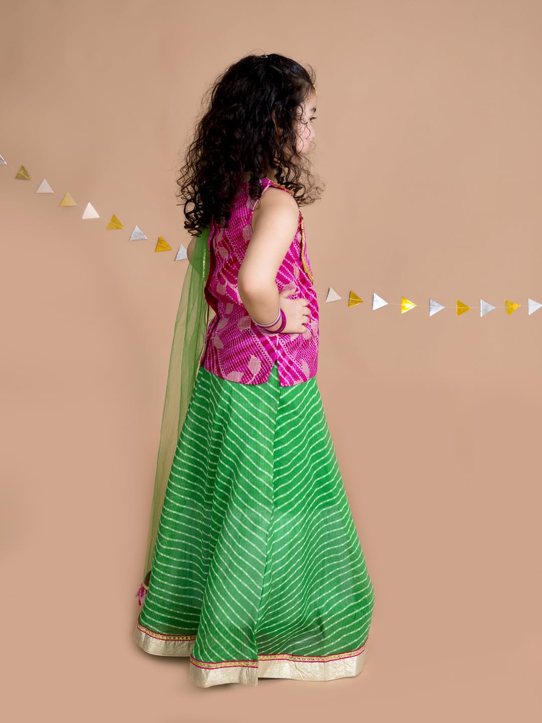 Pspeaches Lehenga bluzka z dupattą dla dziewczynek, zielona/różowa, gotowa do użycia