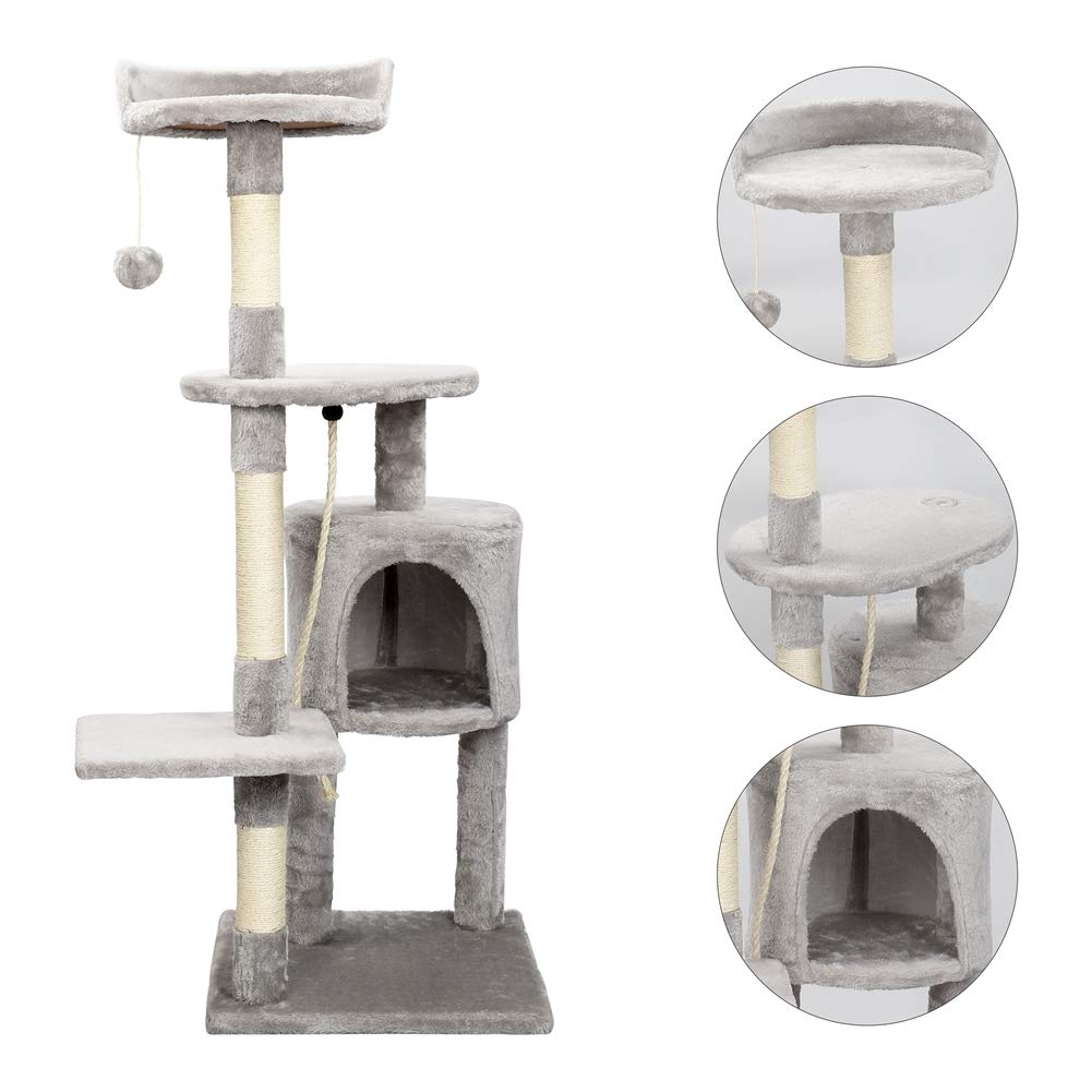Tiragraffi per Gatti Albero per gatti alto 112 cm con corda in sisal, piattaforma, Grotta e Pompon in peluche per far riposare e giocare i gatti, grigio Inventario in Germania