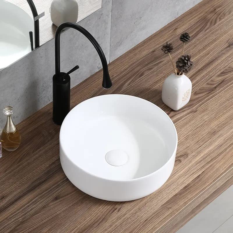 Image of REMOTION Ceramic Table Top Wash Basin Vessel Sink Over Counter Basin | Designer Counter Top Wash Basin For Bathroom & Living Room (Round Shape White Glossy Basin, 12 X 12 X 5 Inch)