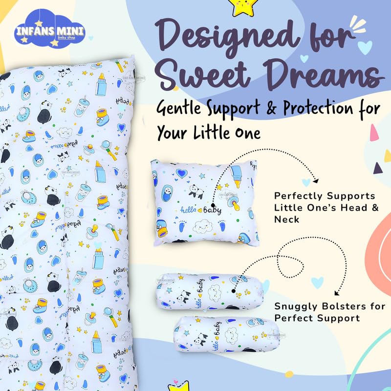 Image of Baby Sleeping Mattress Set Cotton with Bolsters & Pillow, for 0-12 Month Newborns-Unisex (Panda Blue)