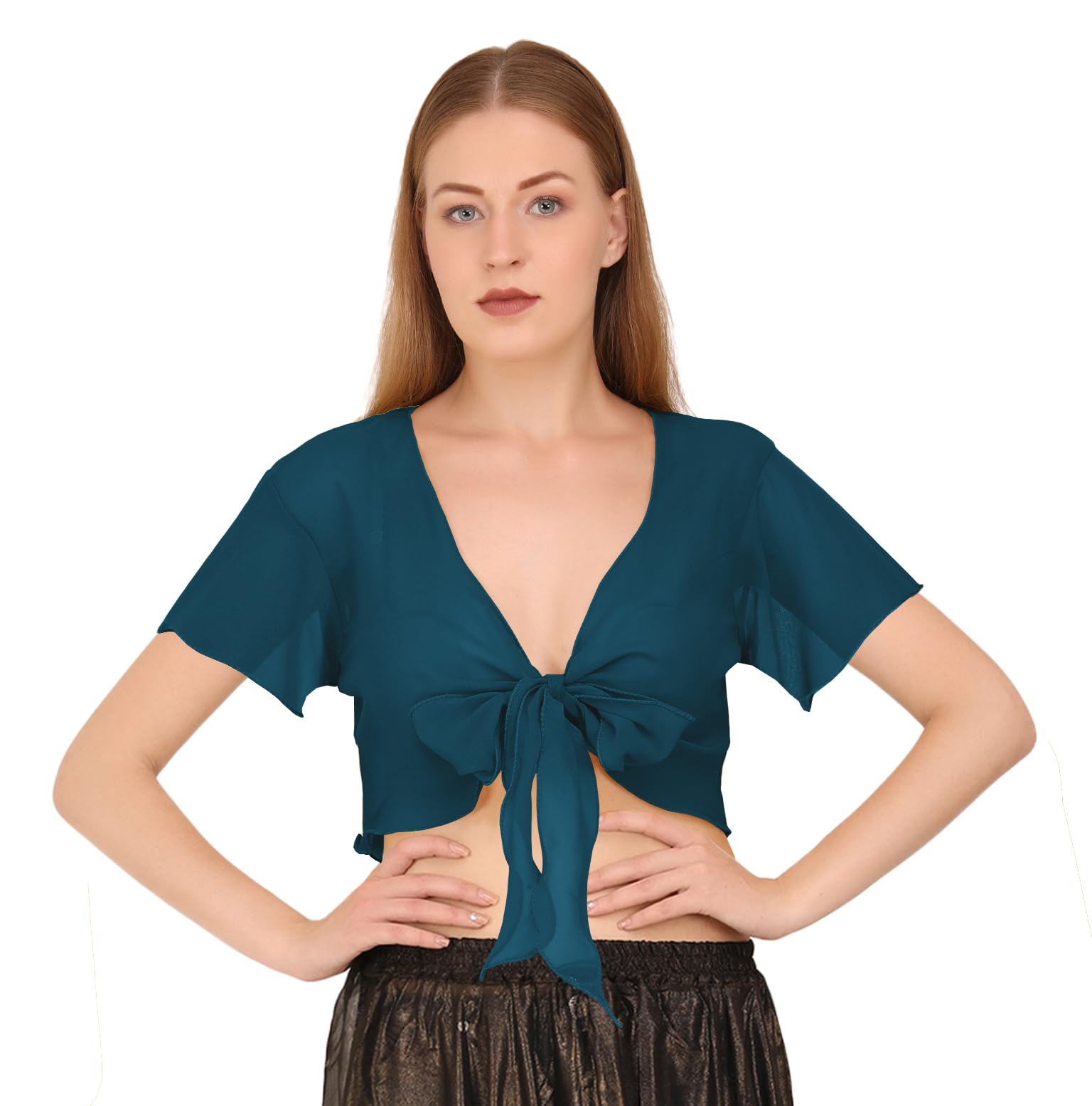 Indian Trendy Women's Chiffon Short Sleeve Tie Top Choli Blouse Belly Dance Gypsy Tie Front Cardigan Tops