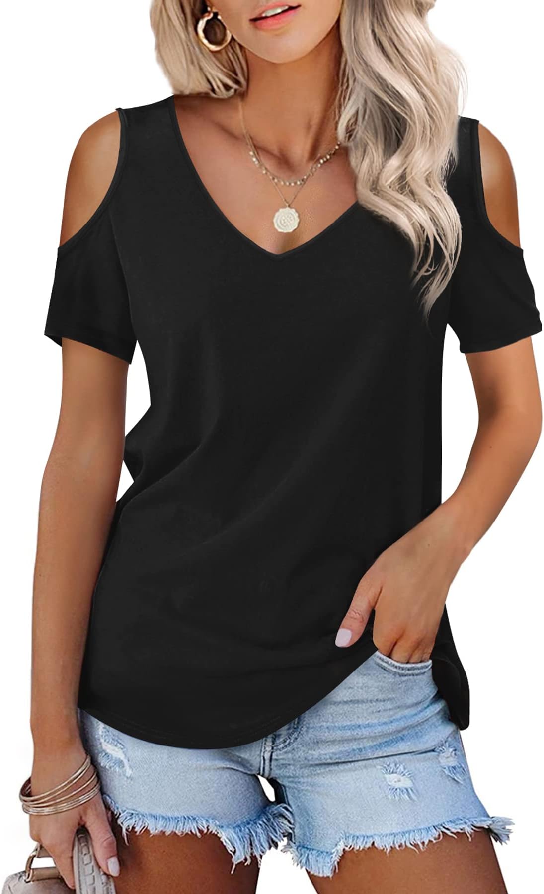 Womens Short Sleeve Cold Shoulder Basic Tee Tops Shirts