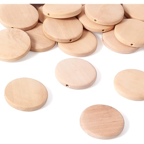 Craftdady 50Pcs Unfinished Natural Flat Round Wood Coin Beads Circle Round Wooden Slices Cutouts 1.18 Inch Unpainted Board Tags for Jewelry Craft Making Hole: 2.5mm