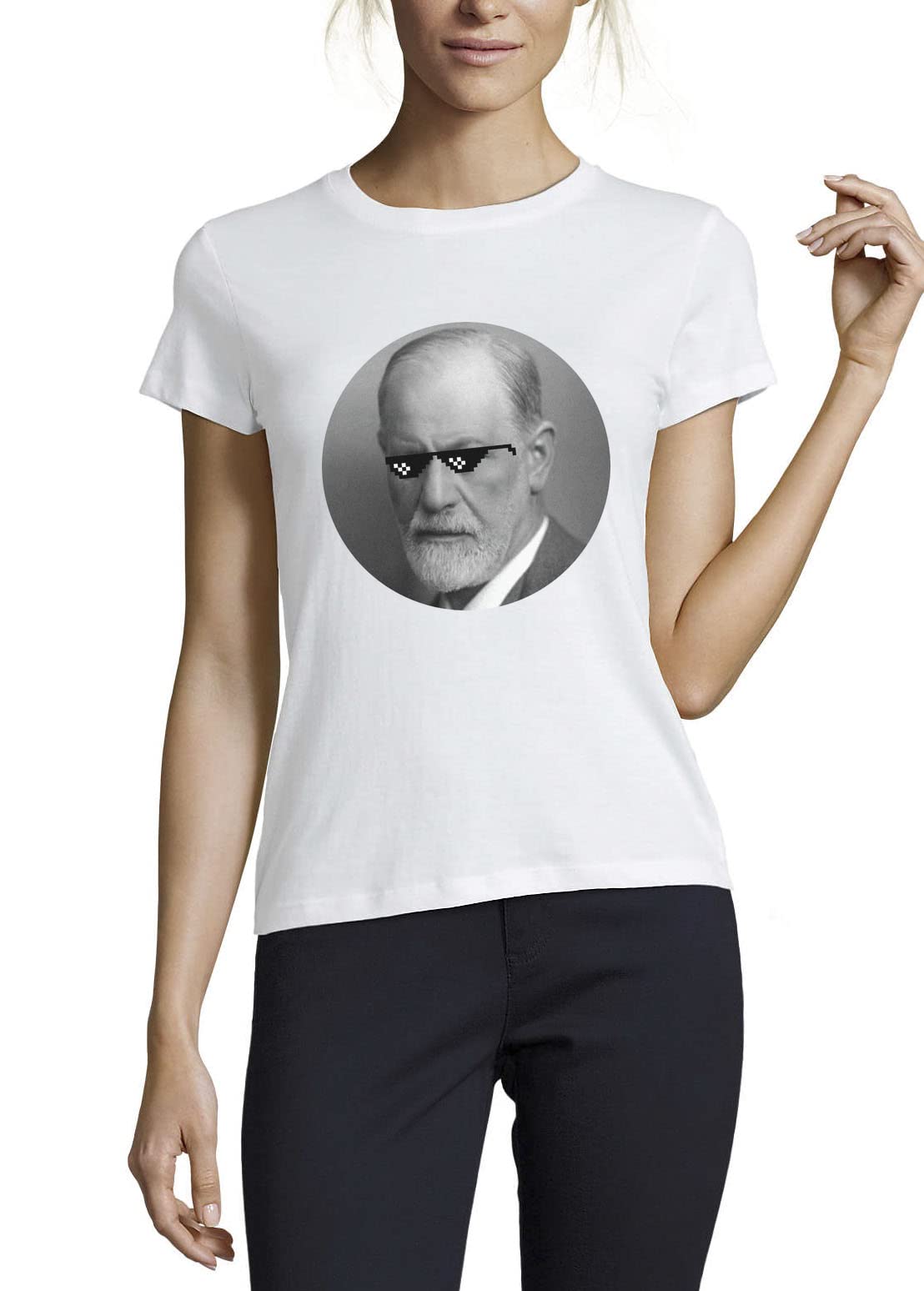 Sigmund Freud Thug Life Meme Glasses Crew Neck Cotton Women's T-Shirt White