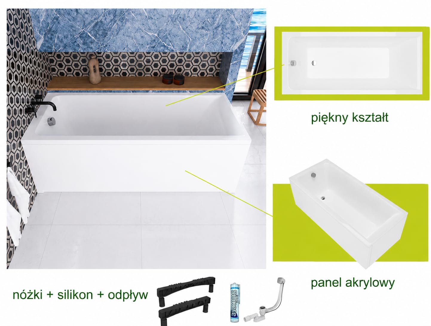 Wanna ECOLAM Savia 150x70 cm + obudowa | Nowoczesna wanna prostokątna, najwyższej jakości wanna akrylowa | Kompletny zestaw z odpływem, nóżki silikonowe | Design