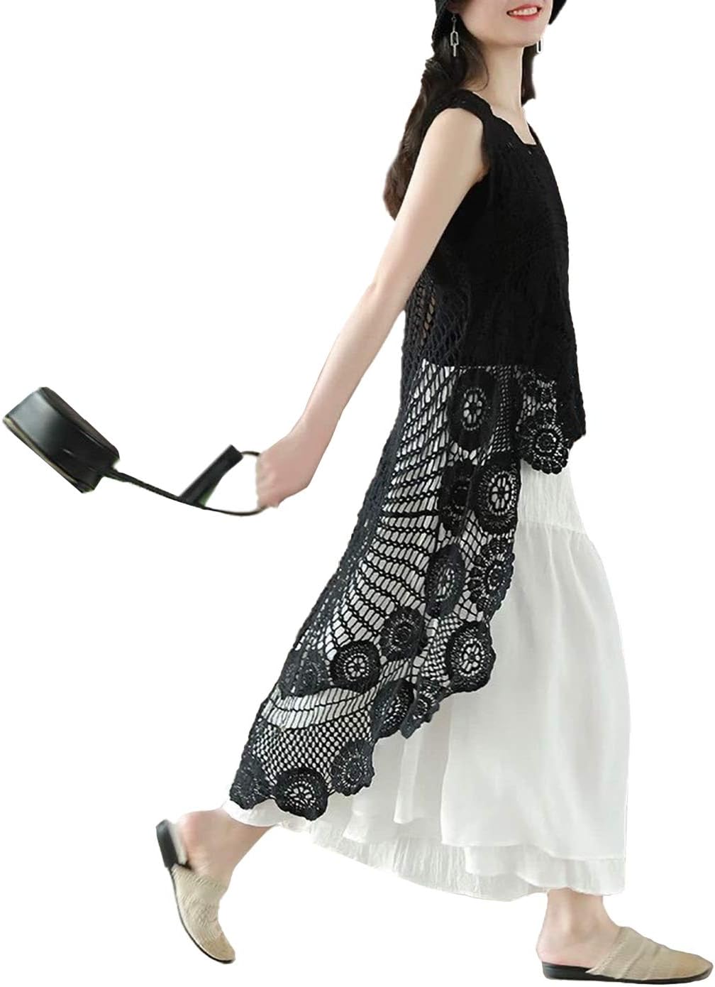 Anna-Kaci Women's Crochet Long Vest Boho Sleeveless Kimono Dress Swimwear Cover up