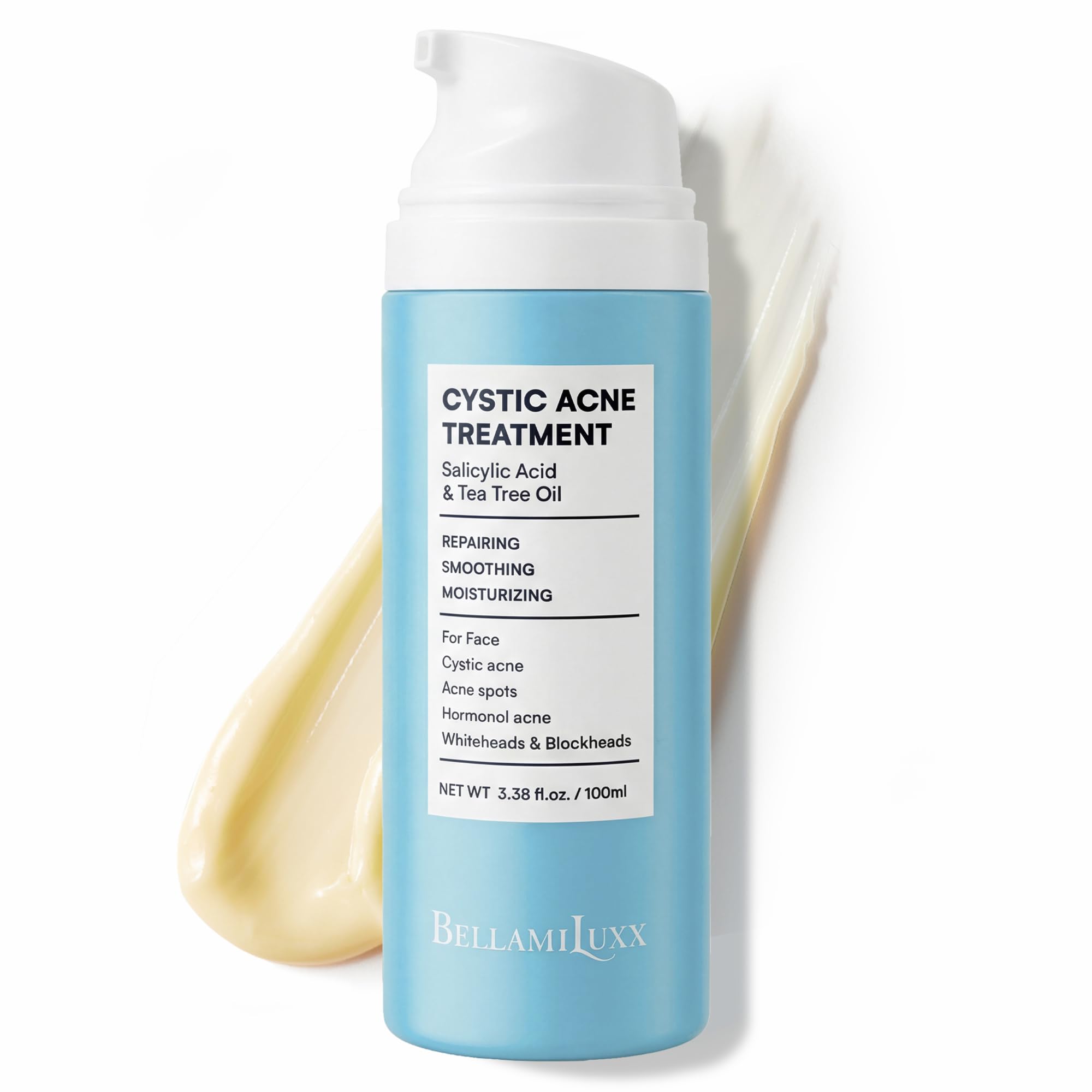 BellamiLuxx Traitement cystique de l'acné pour le visage : crème de traitement de l'acné hormonal pour adolescents et adultes - Acide salicylique et huile d'arbre à thé - Anti-acné hydratant réduit