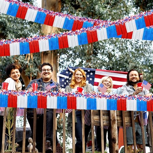 Image of MARFOREVER 105 FT 4th of July Parade Floats Decorations Set 4 Patriotic Foil Fringe Curtains and 4 American Tinsel Garland Red White and Blue Decorations for Independence Memorial Day Party Decor