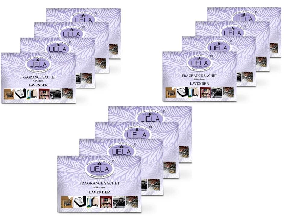 LIELA - Multipurpose Fragrance Sachets Set of 12 Pure and Premium Lavender, for Wardrobe, Bathroom, Purse, Garment Drawer, Closet, Shoe Rack Office, Laptop Bag Carton etc.