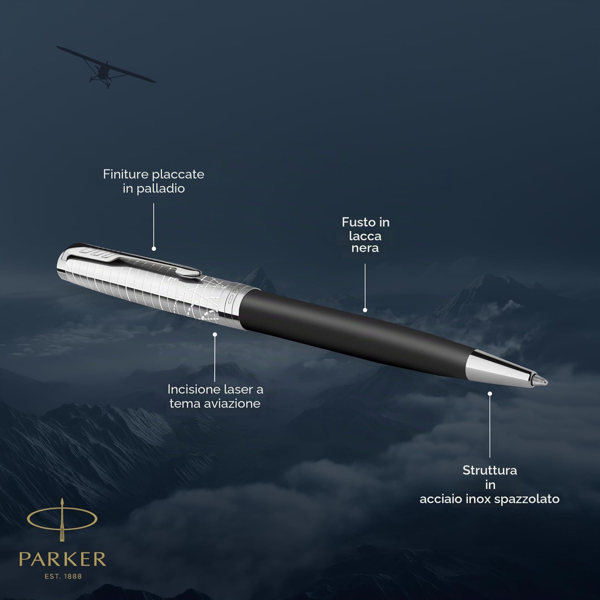 Parker Sonnet Penna a sfera | Collezione Legacy of Flight | Rifinitura cromata | Punta Media | Inchiostro nero | Confezione Regalo