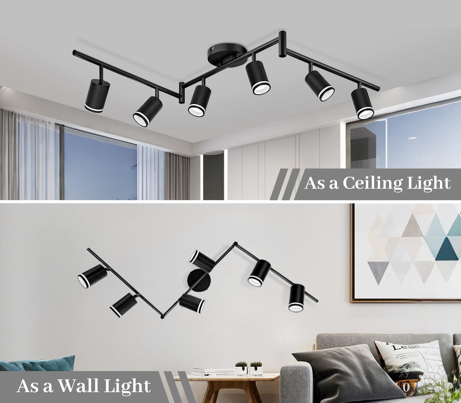 GeyouLux Reflektor sufitowy LED, 6 żarówek, lampa sufitowa LED, wychylna, czarna | GU10 lampa sufitowa punktowa, nowoczesna lampa punktowa, reflektor ścienny do salonu, sypialni, kuchni (bez żarówki)