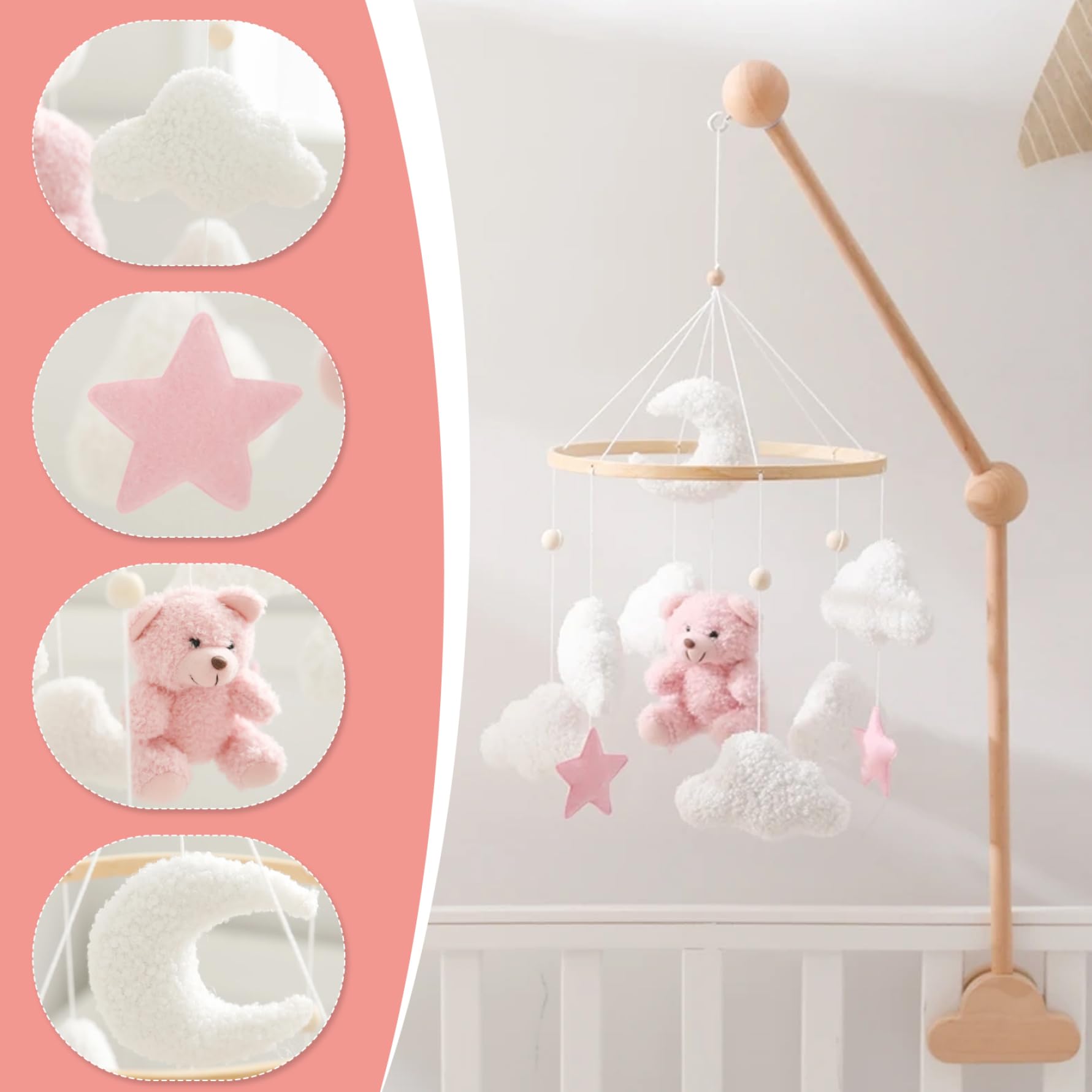 Mobile de berceau, mobile de bébé 17, 7 x 9 pouces pour berceau, décor chambre d'enfant en velours en peluche ours mignon, bébé suspendu rotatif à 360 ° pour chambre d'enfant pour
