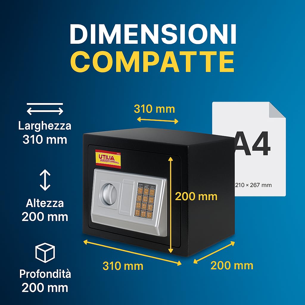Utilia Security Cassaforte Elettronica con Combinatore Digitale, 2 Catenacci, Codice 4 Cifre + Chiave, Fissaggio a Muro/Armadio, Acciaio Verniciato (2 misure) (310x200x200h)