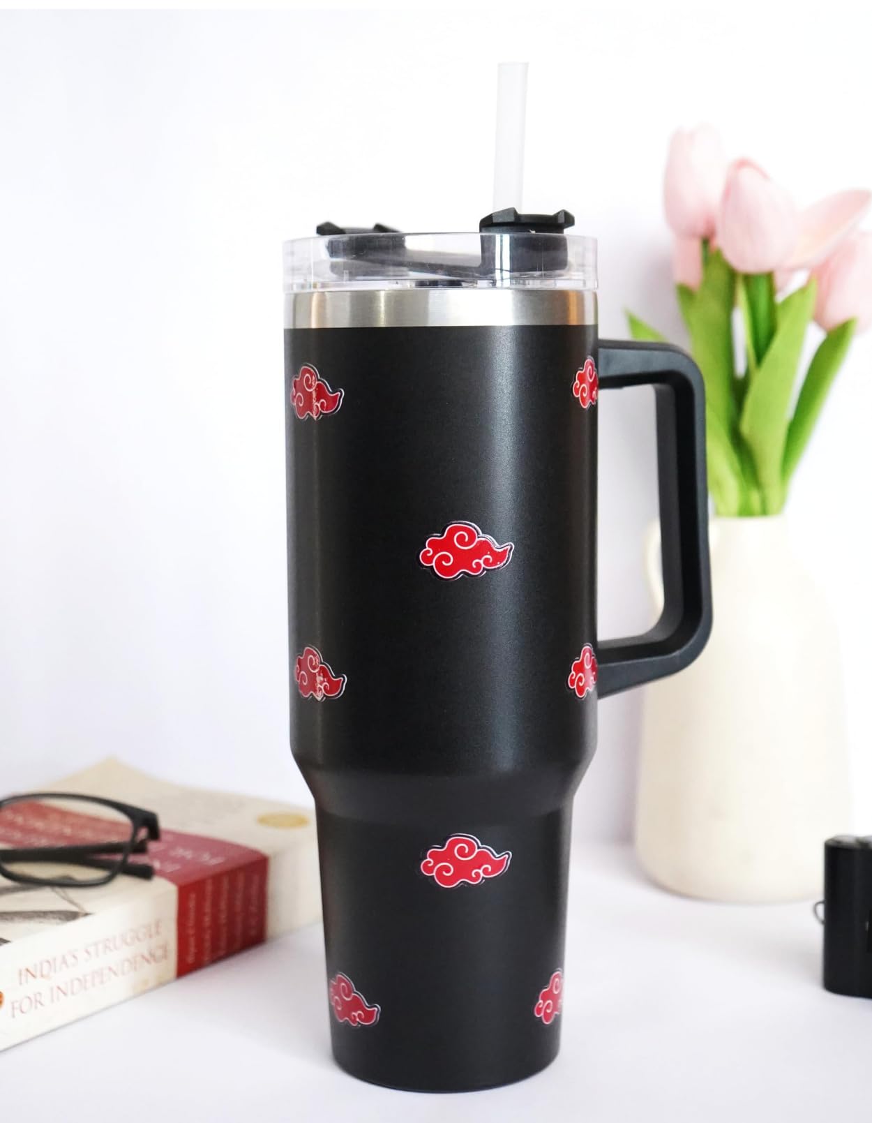 Najarat Akatsuki 1200ML Stainless Steel Tumbler Hot and Cold with Handle and Lid and 2 Straws, Double Insulated Cup Leak Proof Mug Cupholder for Gym, Travelling (Black)