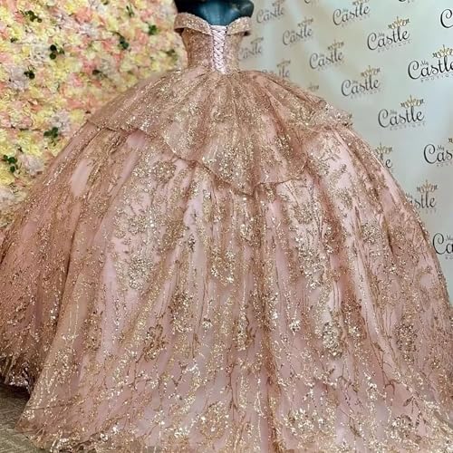 TRHTX Ruffle Layered Tulle Quinceanera Dresses Off Shoulder Sweet 16 Dresses Gold Gold Appliquess Sparkly Ball Gown3