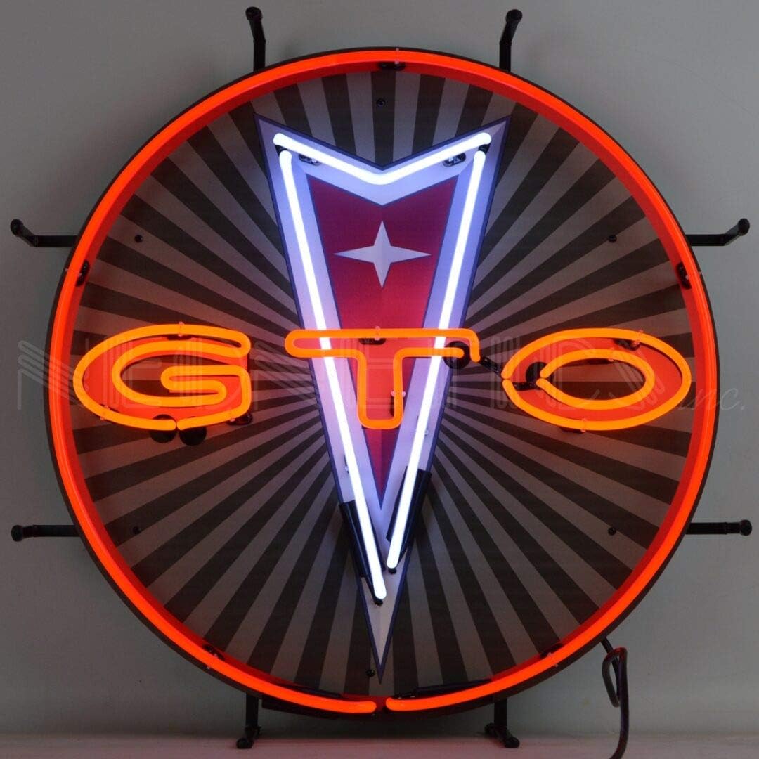 GTO Pontiac Neon Sign with Backing, Red, White and Orange Hand Blown Real Glass Tubes, Measures 24 Inches Wide by 24 Inches Tall – 5GTOBK