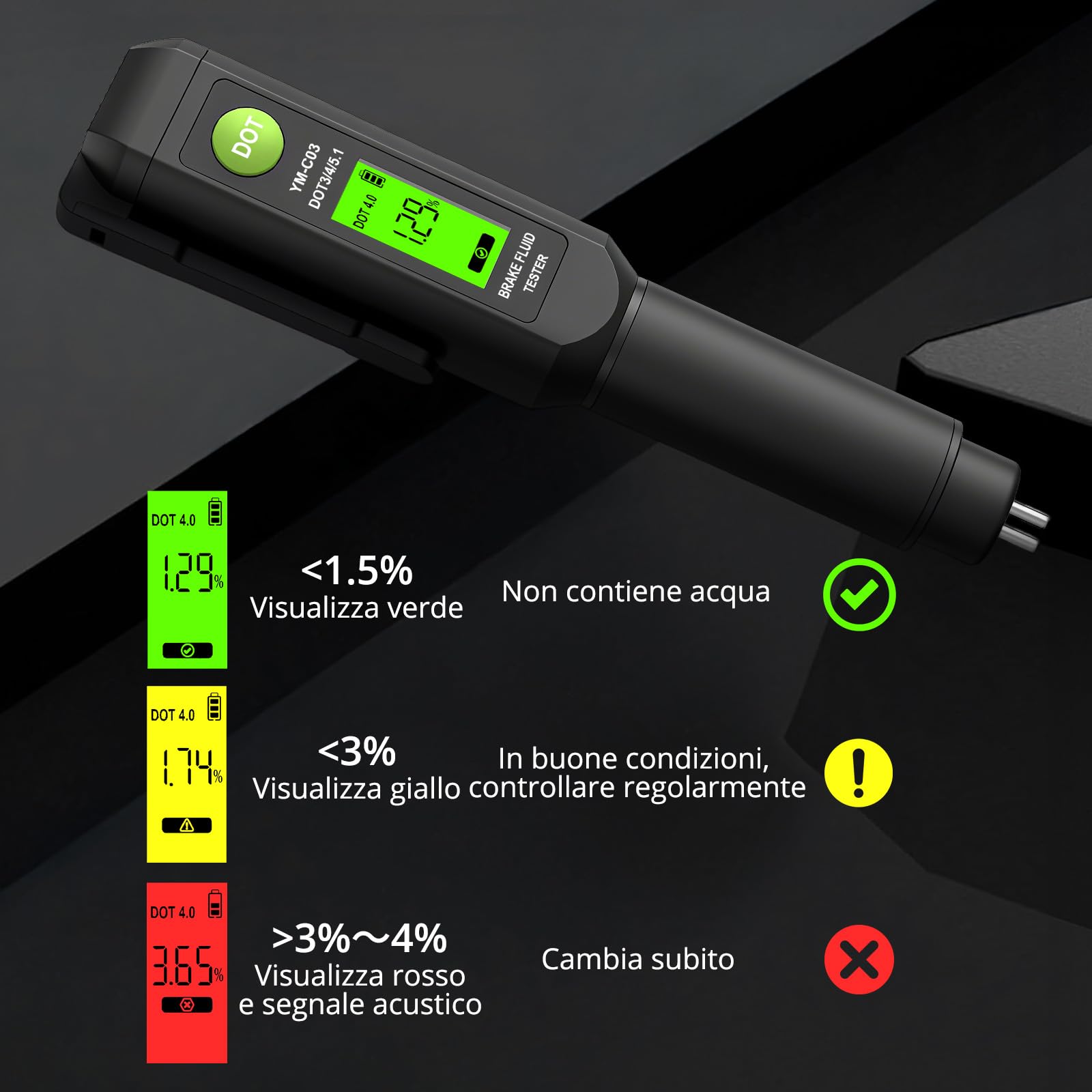 AUTOUTLET Tester per Liquido dei Freni con Allarme Acustico e Display LCD,Sonda ad Alta Sensibilità,per DOT 3 DOT 4 DOT 5.1,Strumento di Diagnosi per Liquido Freni