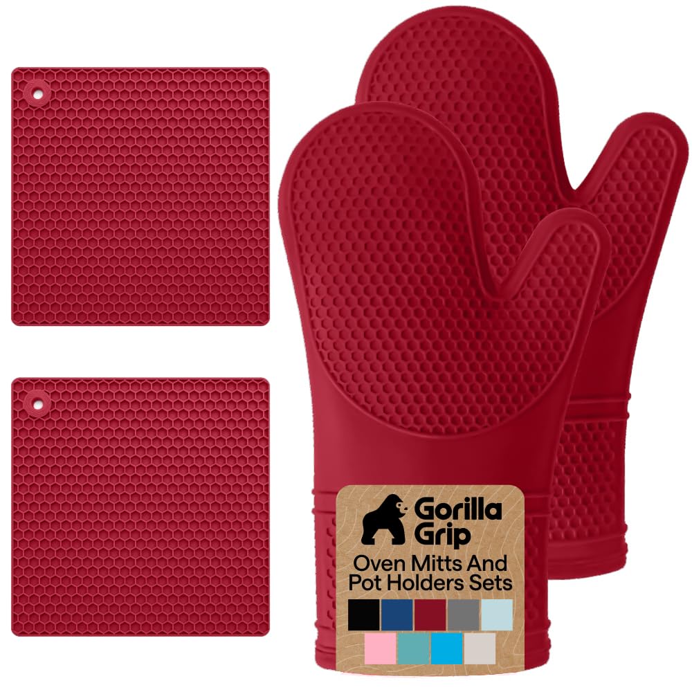 BPA-Free Soft Silicone Oven Mitts and Pot Holders Sets of 4, Heat Resistant Waterproof Cooking Gloves, Thick Cotton Lining, Flexible Gripping for Baking Grilling, Kitchen Trivets, Red