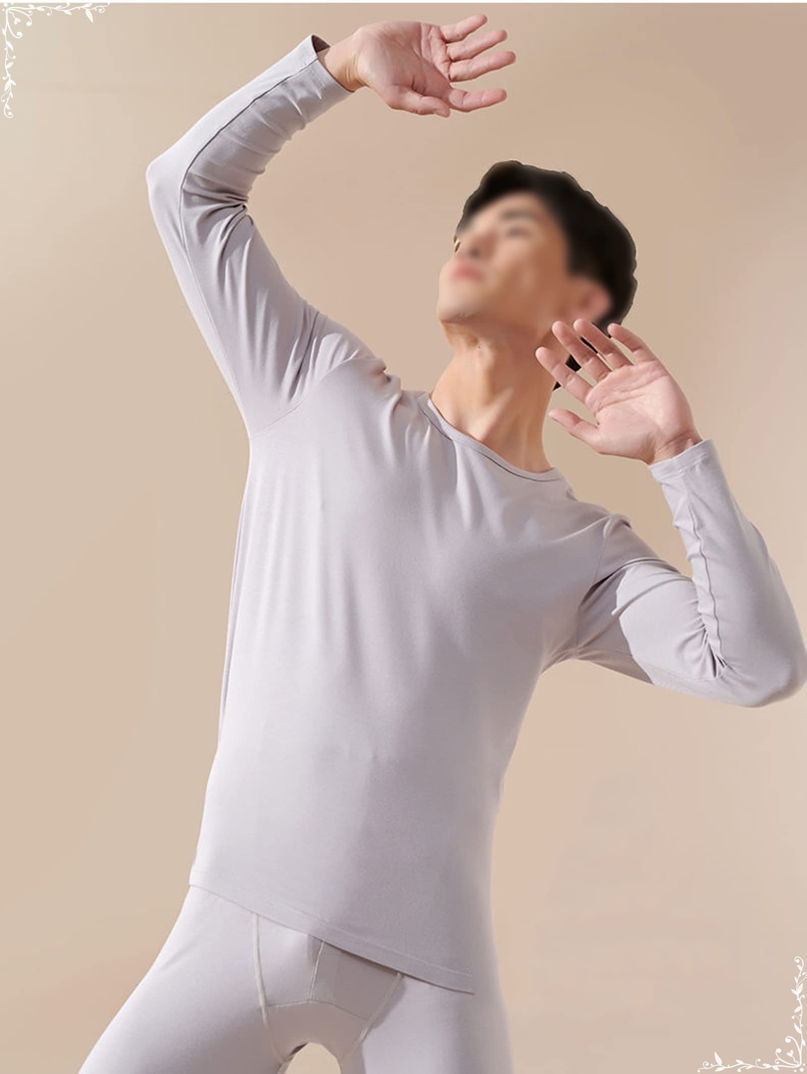 Dsnyu Thermal Clothes for Men Top, Cotton Round Neck Thermal Underwear Top, Light Grey Long Sleeve Top 2XL
