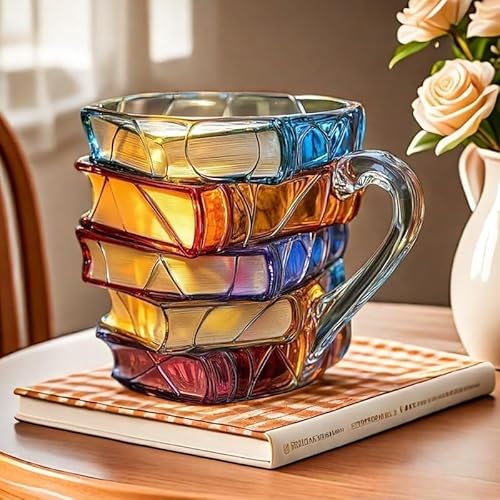 GiGAWOOD Painted Book Mug Novelty Coffee Mugs, 3D Handcrafted Painted Book Mug, 11 Oz Novelty Stained Glass Stacked Books Coffee Cup, for Readers Librarians Literature Lovers #1