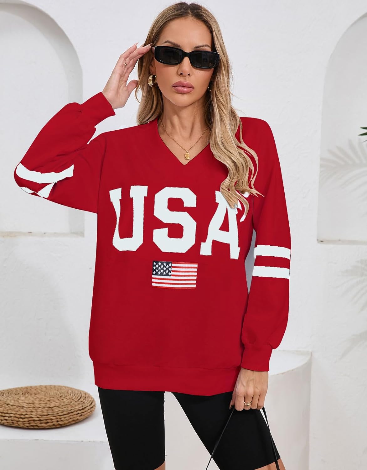 Women's American flag Sweatshrit Long Sleeve V Neck Loose Casual Patriotic Pullover Sweatshits - Image 2