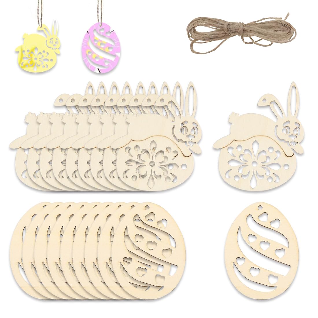 Easter Wooden Ornaments, 20 Pieces Easter Wooden Crafts Easter Egg Rabbit Shaped Hanging Wooden Easter Cutouts