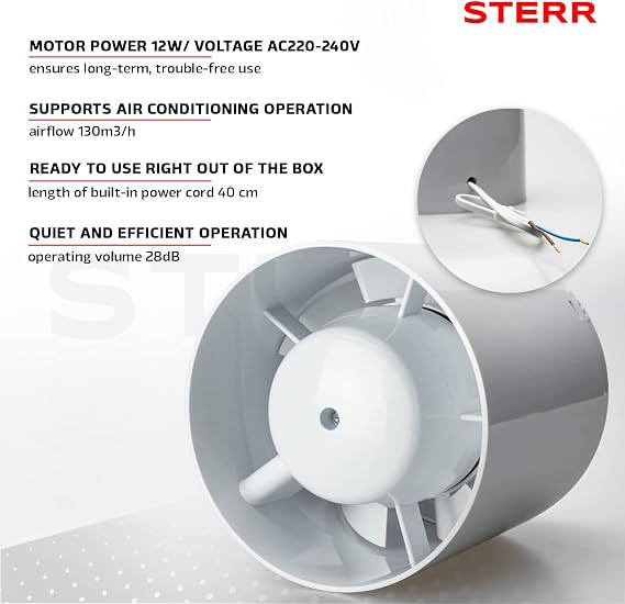 STERR IDM100S Slim Inline Fan 100 mm / 4'' - Inline Fan - Small Extractor Fan - Inline Extractor Fan - Kitchen - Greenhouse - Tent - Garage