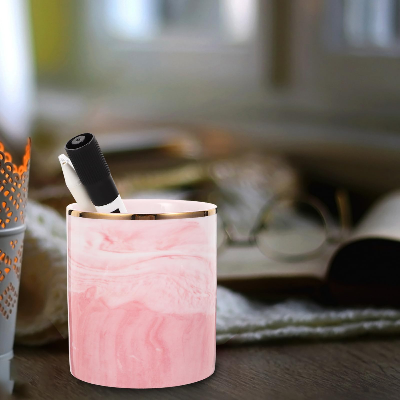 LALAFINA Stiftehalter aus Marmor in Rosa, Rutschfest für Schreibtisch