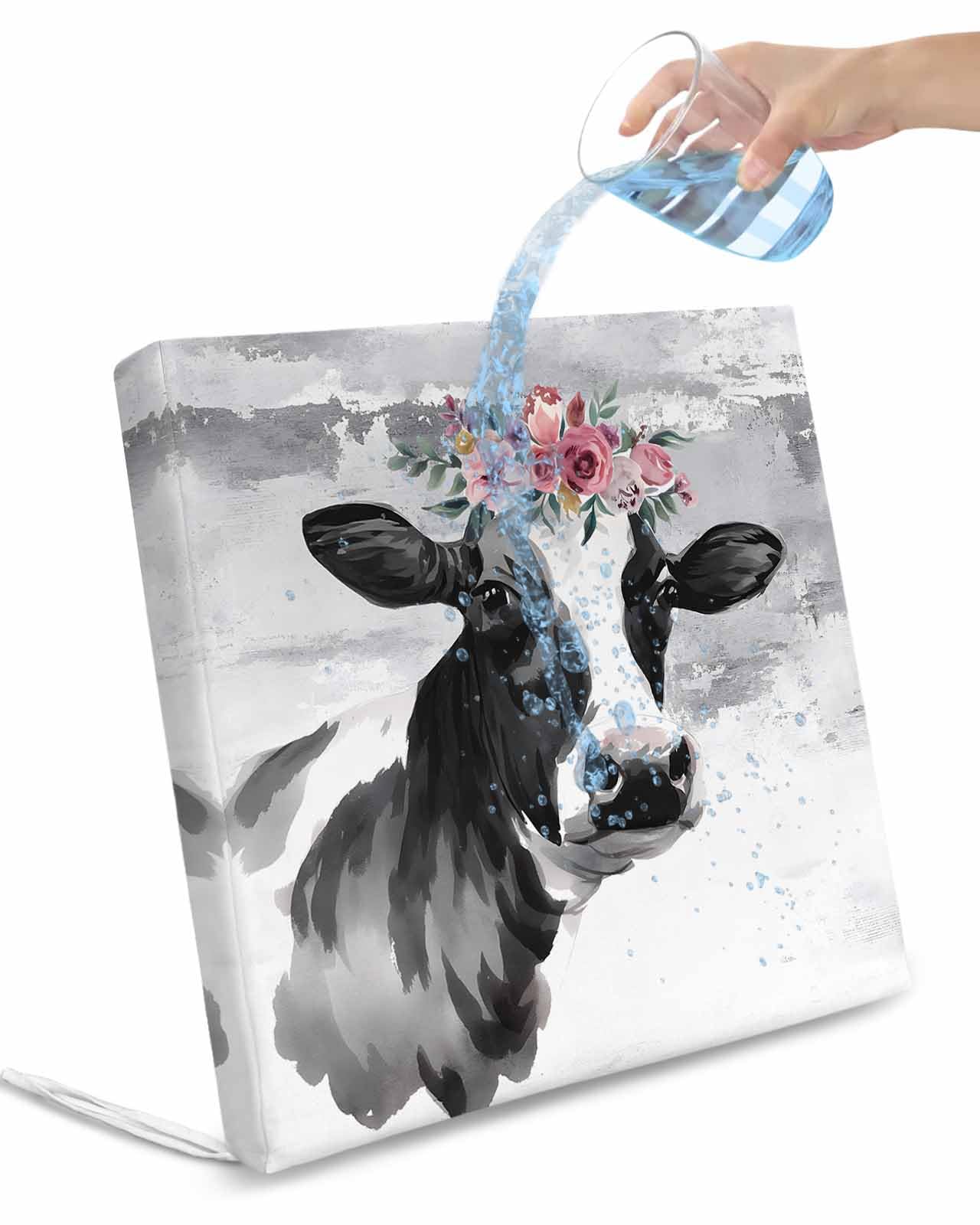 Hokiten Farmhouse Cow Outdoor Cushion Chair Cover Set of 4 - Waterproof Couch Seat Covers, Watercolor Animal Botanical Flowers Patio Furniture Protector Cushions Slipcovers for Sofa/RV, 22