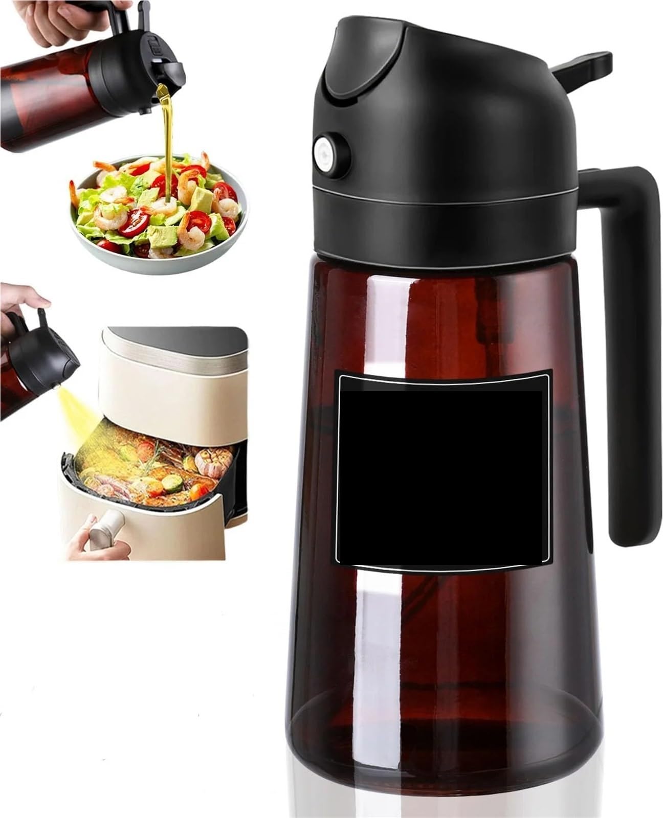 NGTFDCP Oil Dispenser, 2-in-1 Glass Oil Dispenser Sprayer 470ml Bottle Cooking BBQ Baking Salad for Air Fryer, Salad(Black)